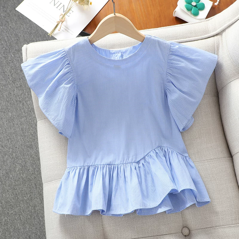 Áo sơ mi cotton nguyên chất cho bé gái hè 2025 kiểu mới áo bé gái tay ngắn kiểu babydoll áo thun bèo nhún cho bé gái