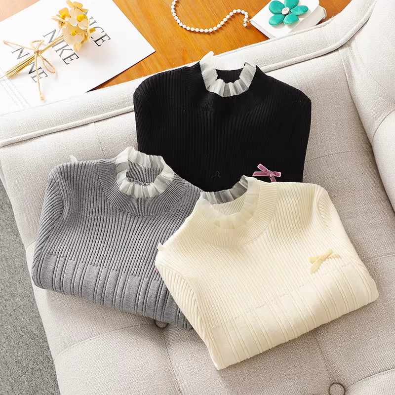 Áo len nữ cổ nửa cao phối nơ ren, kiểu dáng mới thu đông 2025, áo len ôm dáng, lớp lót bên trong