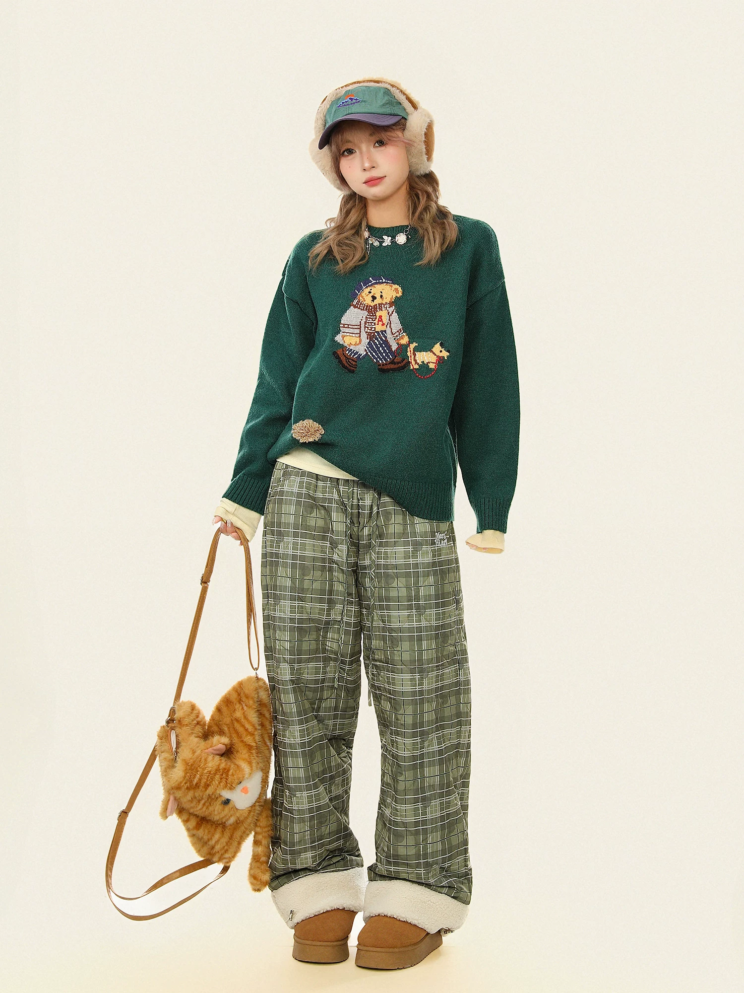 Quần cotton chắp vá bằng len cừu kẻ sọc dành cho nữ, quần ống đứng dày dặn phong cách lười biếng ấm áp mùa đông.