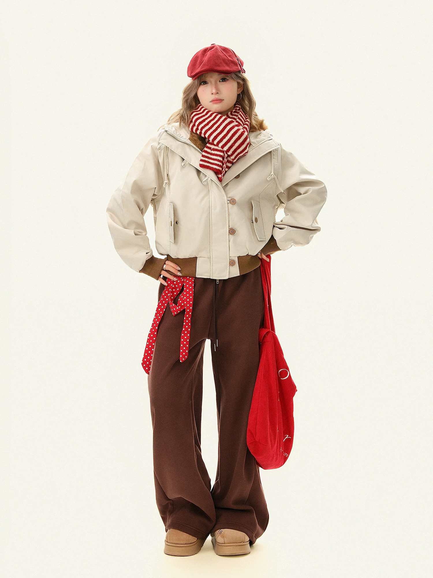 Áo khoác parka có mũ trùm đầu lót lông cừu ngắn kiểu Mỹ Bulu Biscuit dành cho nữ, áo khoác cotton rộng rãi đa năng mùa đông.