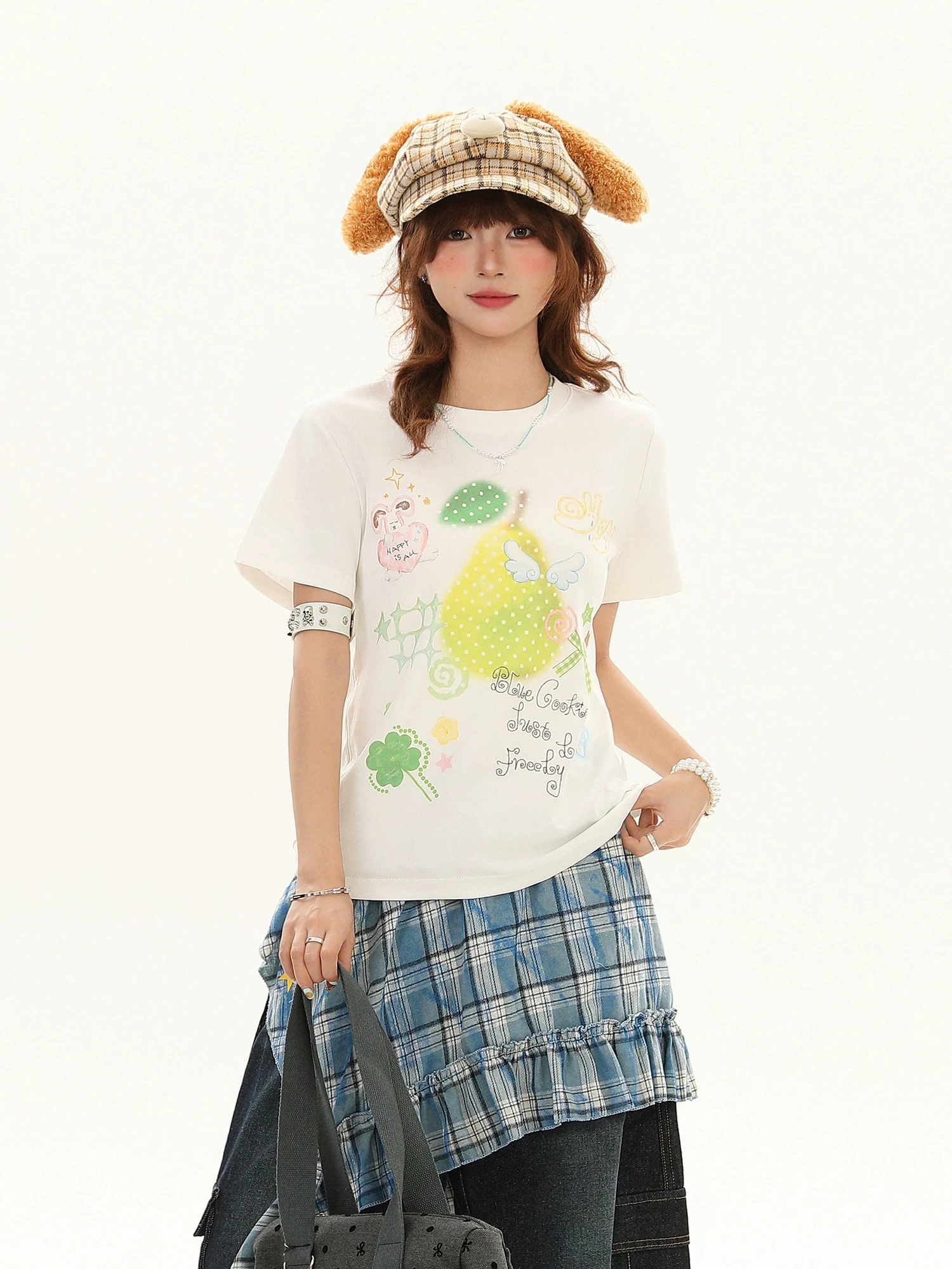 Áo thun ngắn tay in họa tiết Bulu Biscuit Pear Polka Dot dành cho nữ, áo thun ngắn tay giảm béo mùa hè đa năng trẻ trung thường ngày.