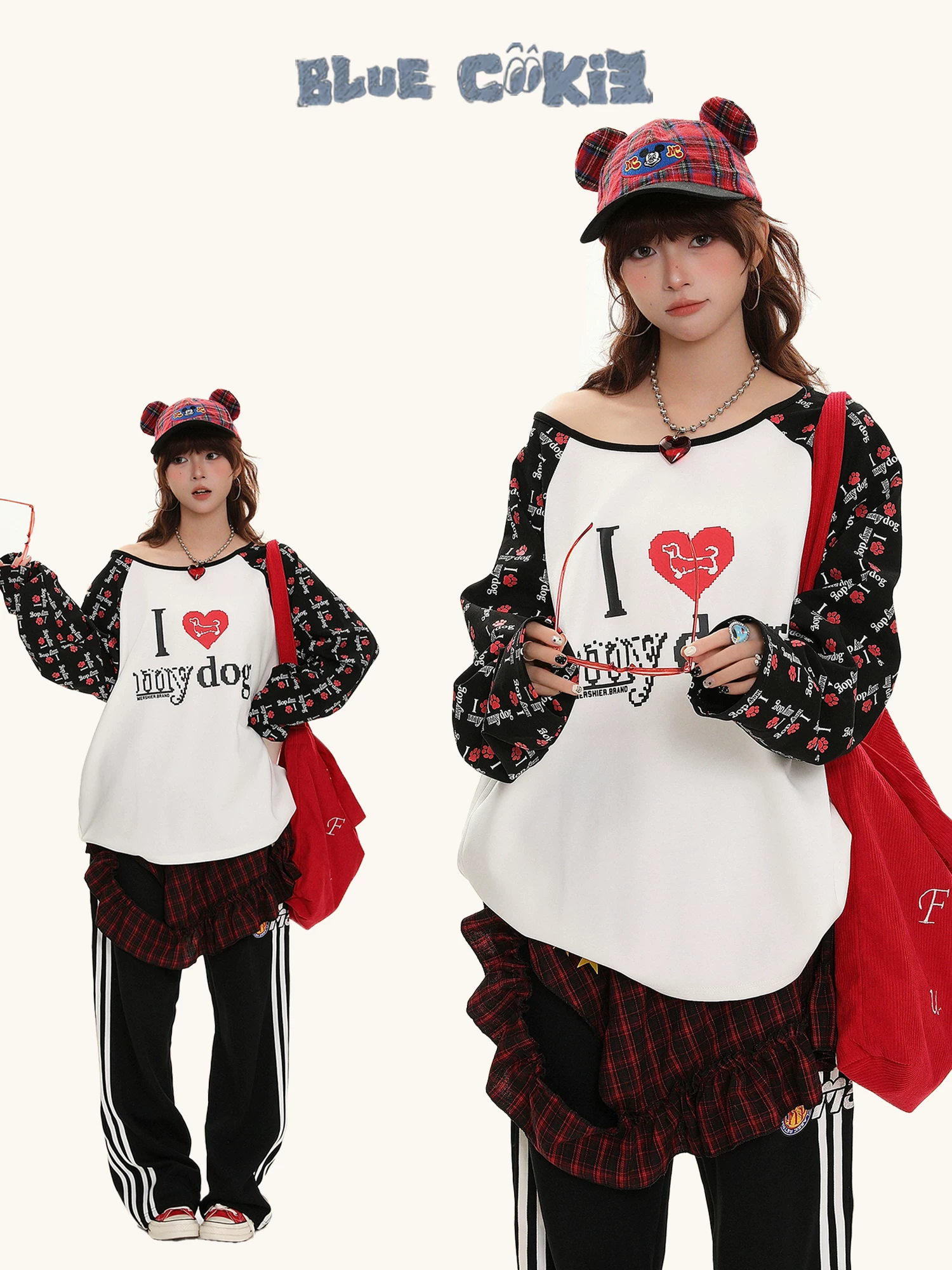 Áo thun dài tay raglan in hình trái tim phong cách retro Mỹ Bulu Biscuit dành cho nữ, áo trễ vai ngọt ngào mùa thu hợp thời trang.
