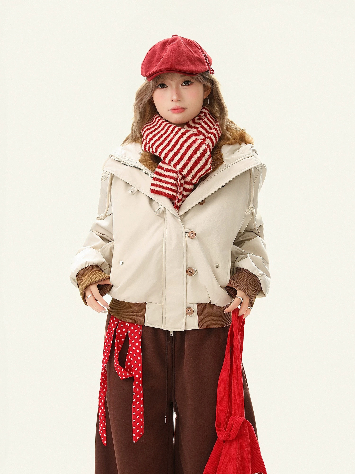 Áo khoác parka có mũ trùm đầu lót lông cừu ngắn kiểu Mỹ Bulu Biscuit dành cho nữ, áo khoác cotton rộng rãi đa năng mùa đông.