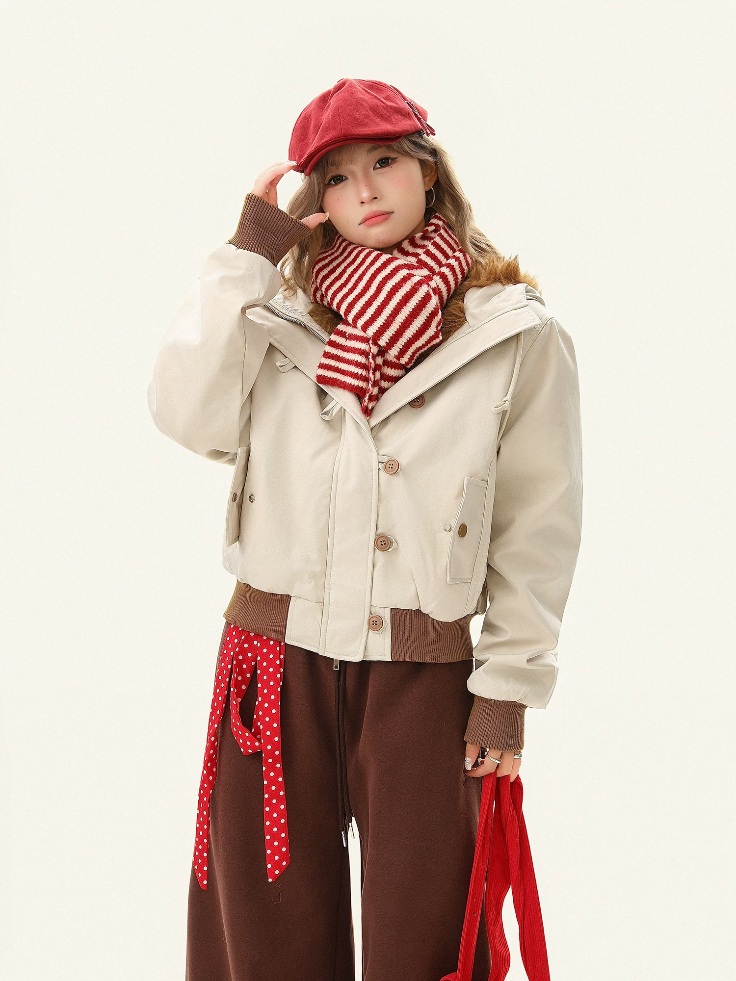 Áo khoác parka có mũ trùm đầu lót lông cừu ngắn kiểu Mỹ Bulu Biscuit dành cho nữ, áo khoác cotton rộng rãi đa năng mùa đông.