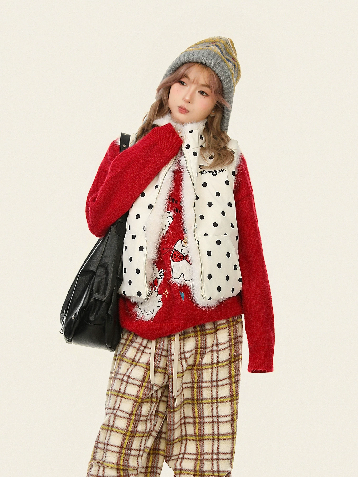 Áo khoác vest giả lông chấm bi ngọt ngào, có thể mặc hai mặt, chất liệu cotton dành cho nữ, giữ ấm mùa đông, kiểu dáng rộng rãi, nhiều lớp.