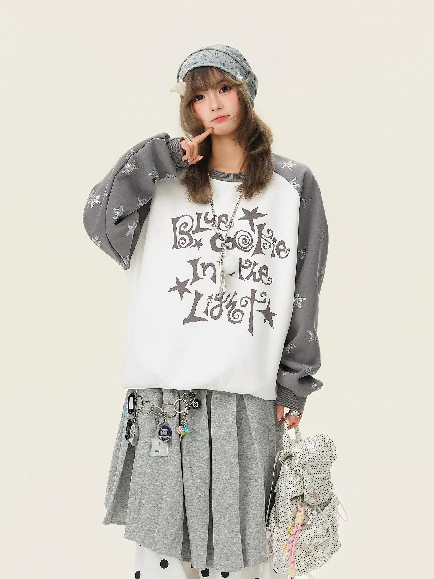 Áo nỉ tay raglan in chữ Bulu Biscuit Sweet Cool Star dành cho nữ, áo thun dáng rộng thông thường mùa xuân, áo thun đa năng giúp giảm béo.