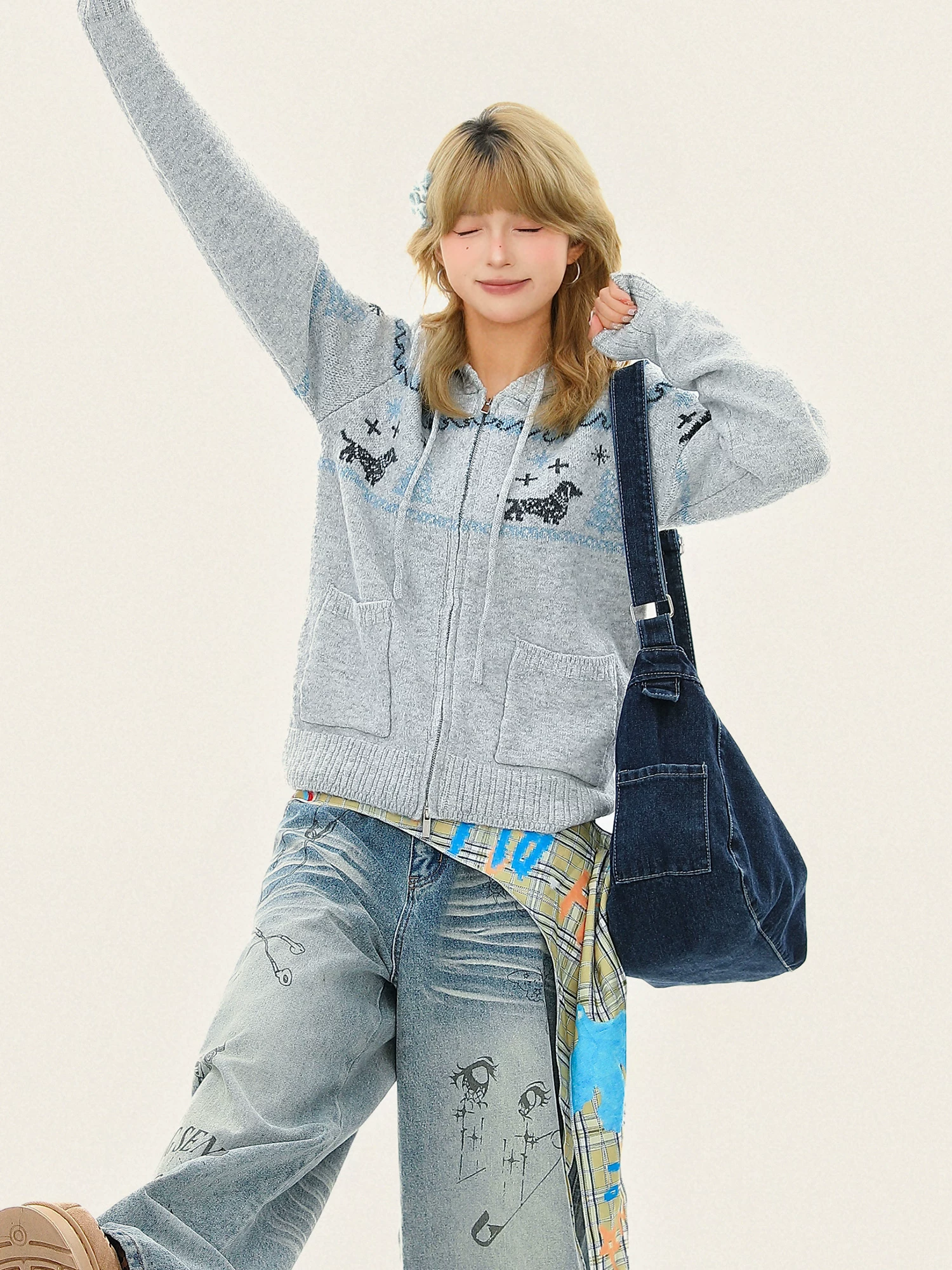 Áo len có mũ trùm đầu kiểu Fair Isle cổ điển dành cho nữ, kiểu dáng rộng rãi thoải mái, áo cardigan dệt kim đa năng cho mùa thu đông.