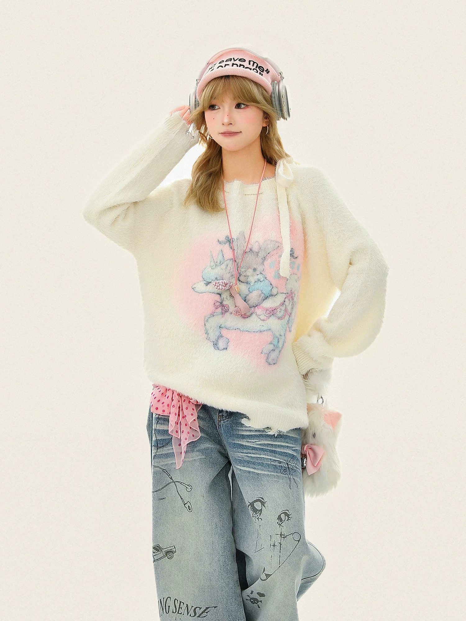 Áo len lông chồn mềm mại kiểu Hàn Quốc dành cho nữ, chất liệu jacquard ngọt ngào, dệt kim mohair ấm áp mùa thu đông.