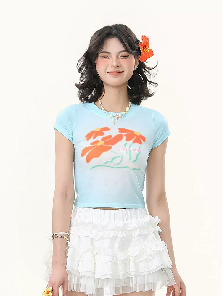 Bulu Biscuit Sweet Dopamine In hoa Áo thun ngắn tay vai thường dành cho nữ Mùa hè Slim Fit Crop Top