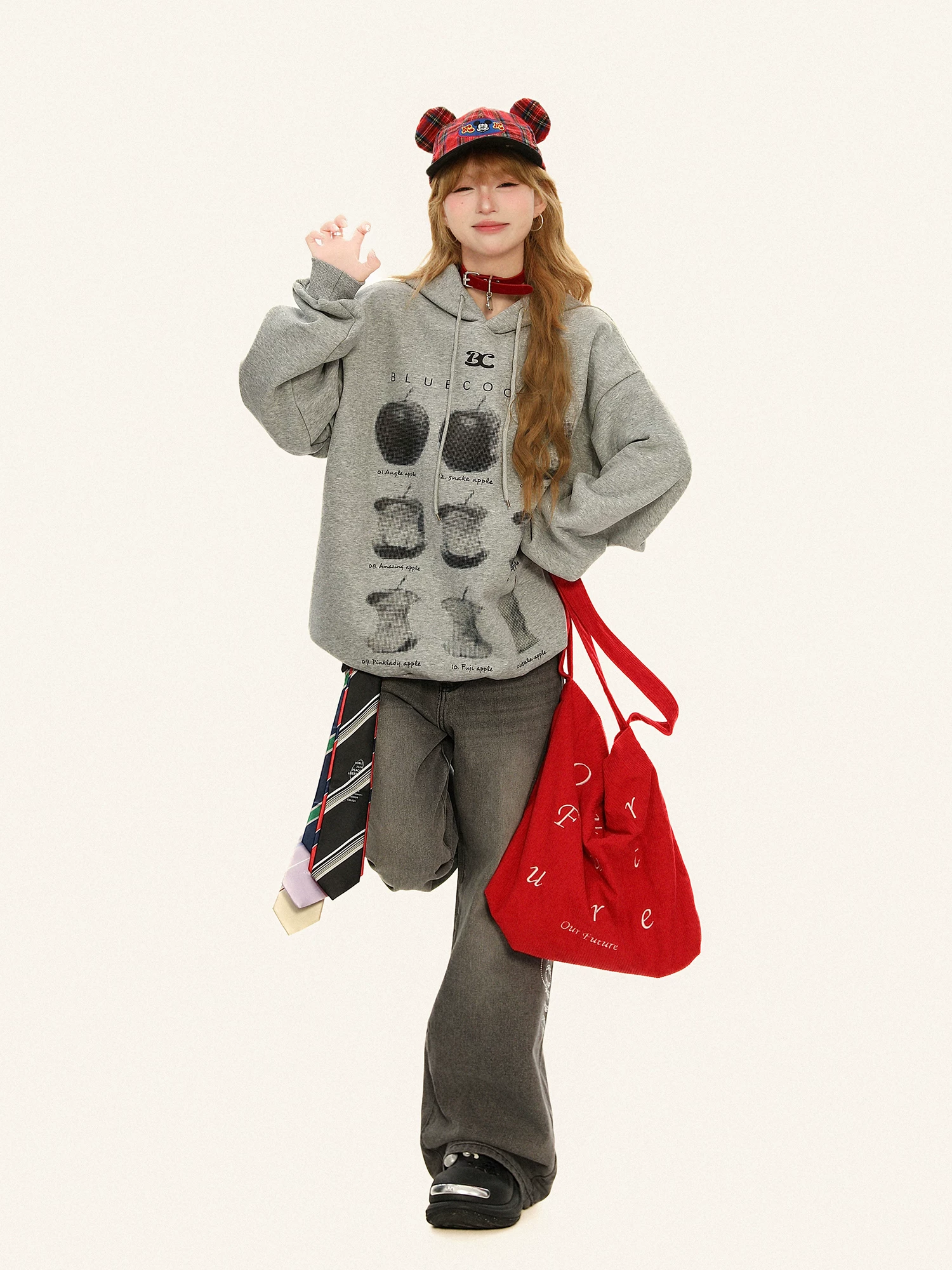 Áo hoodie có mũ trùm đầu màu xám in hình quả táo kiểu Mỹ Bulu Biscuit dành cho nữ, áo hoodie cặp đôi phong cách lười biếng mùa thu.