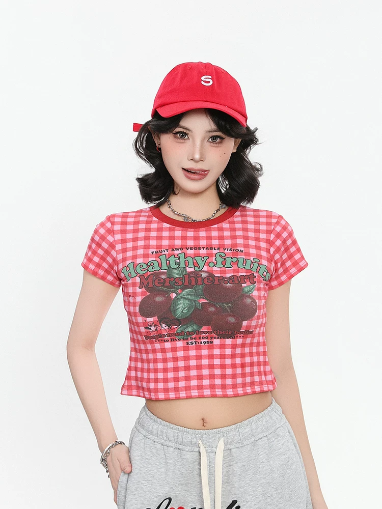 Áo thun ngắn tay kẻ sọc đỏ phong cách retro của BlueLotuss dành cho nữ, áo crop top ngắn hở vai ngọt ngào và cay cay mùa hè.