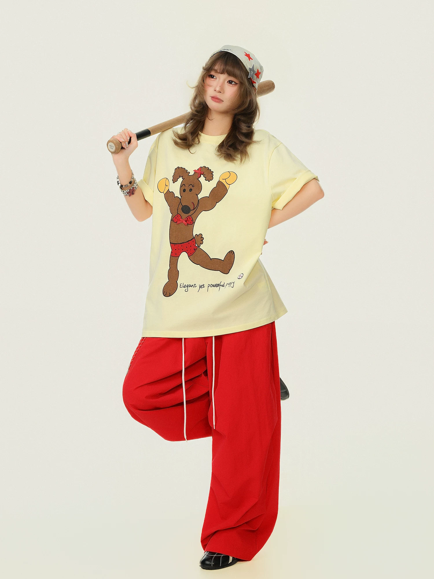 Áo thun ngắn tay cổ tròn in hình Bulu Biscuit Fun Boxing Puppy dành cho nữ, áo thun mùa hè dáng rộng thông thường đa năng.