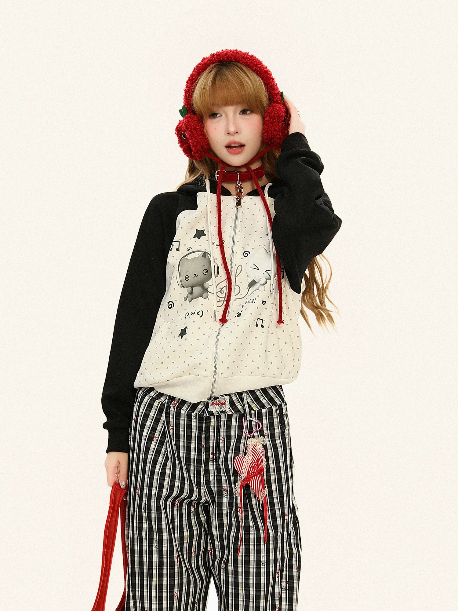 Áo khoác có mũ trùm đầu in họa tiết hoạt hình dễ thương chấm bi dành cho nữ, áo khoác cardigan dáng rộng ngọt ngào mùa thu Y2K.