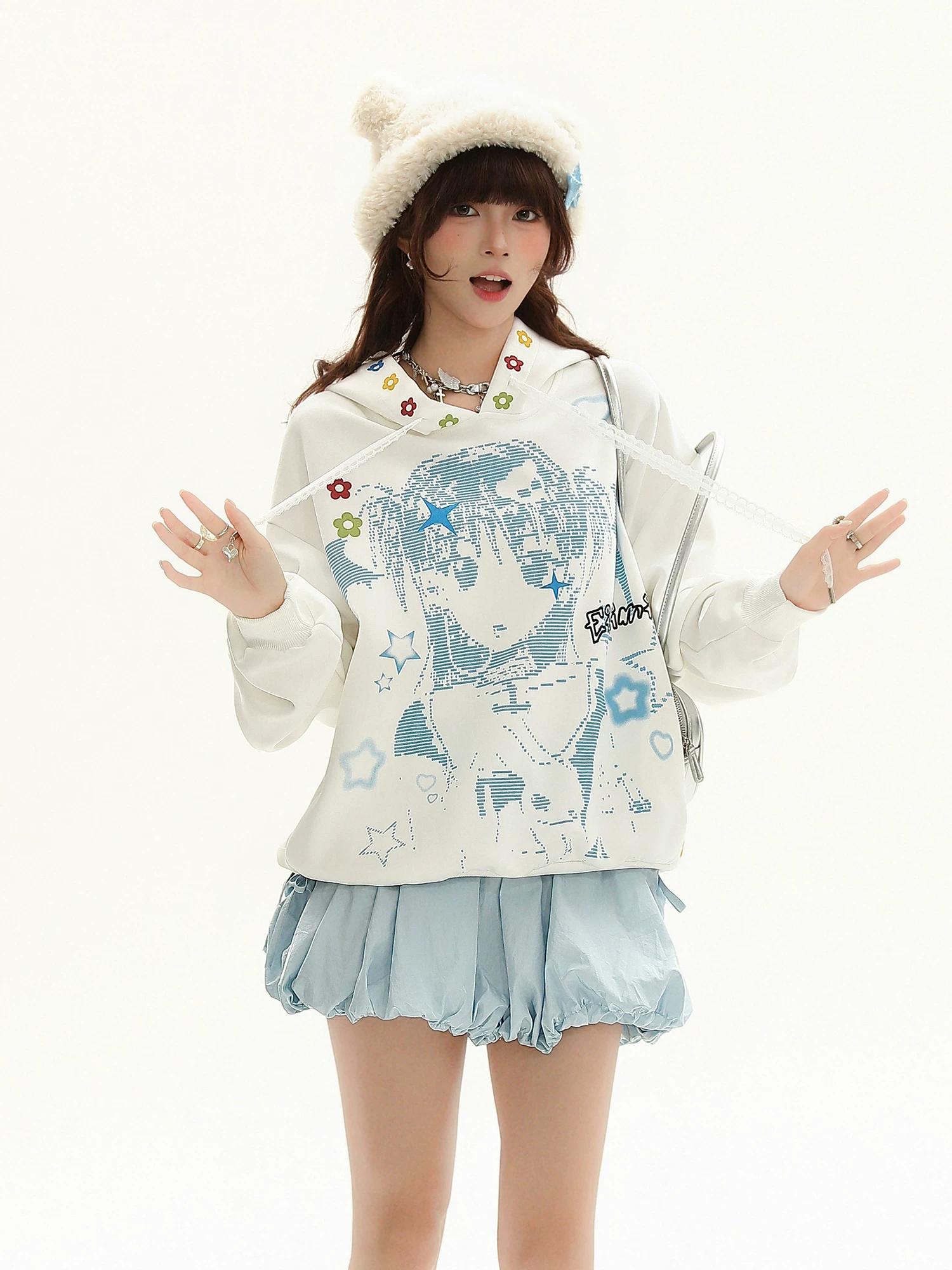 Áo nỉ có mũ trùm đầu kiểu Mỹ Bulu Biscuit dành cho nữ, áo hoodie rộng rãi thoải mái cho mùa thu.