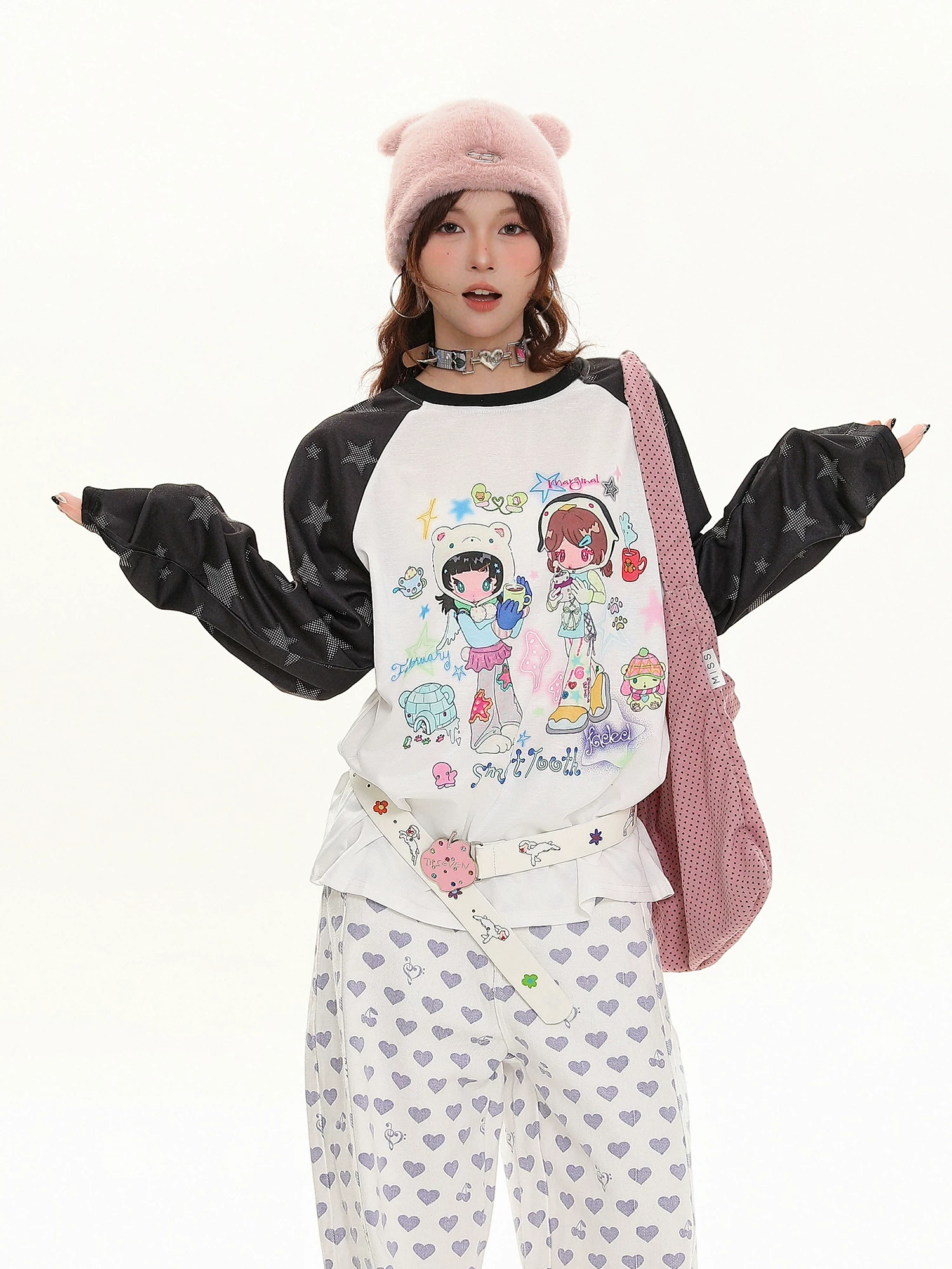Áo thun dài tay raglan in hình cô gái hoạt hình kiểu Mỹ Bulu Biscuit dành cho nữ, áo kiểu dáng rộng rãi và đa năng, phong cách lười biếng.