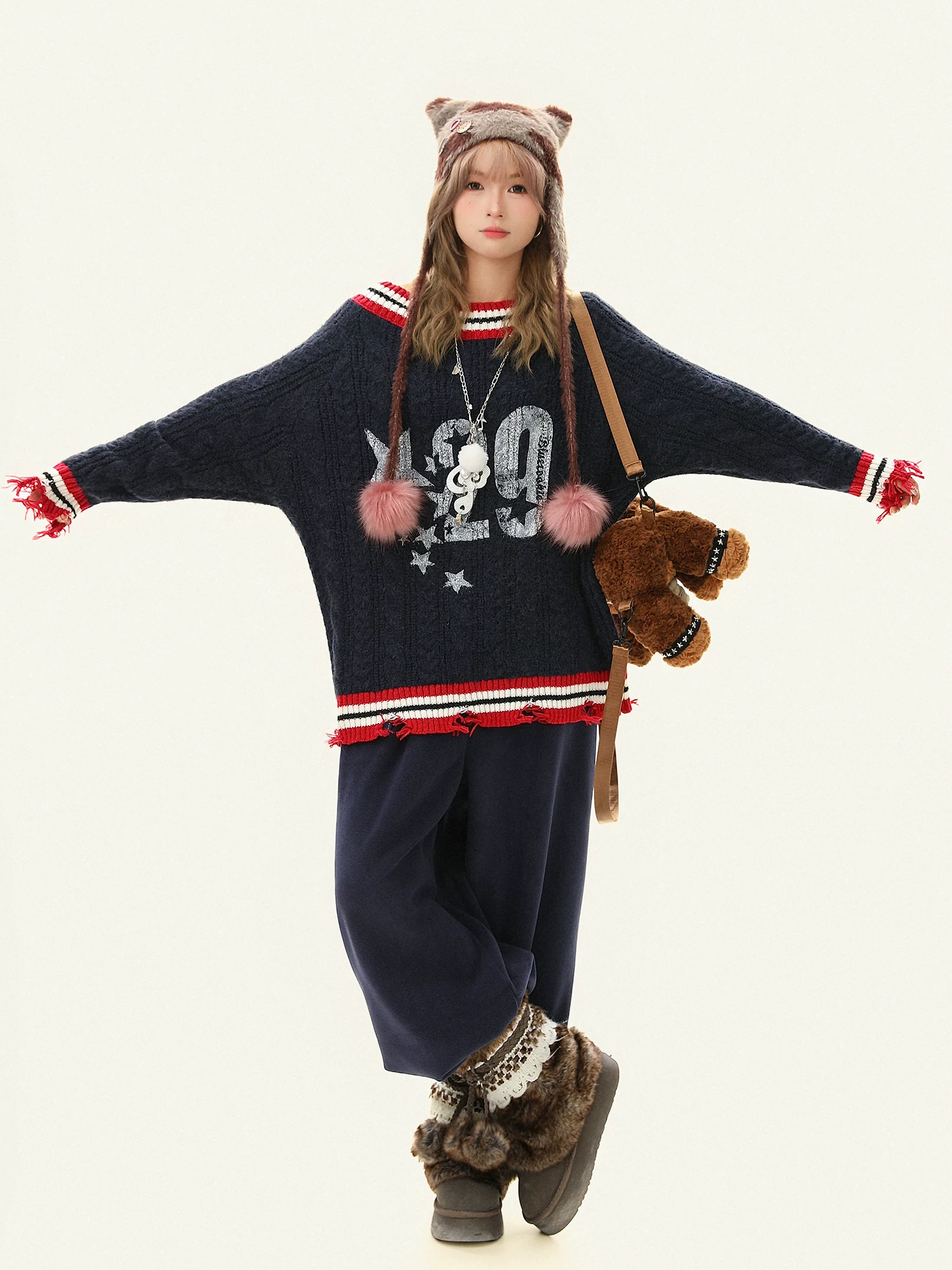 Áo len trễ vai kiểu Mỹ Bulu Biscuit American Sweet Cool College Style dành cho nữ, áo len dệt kim kiểu dáng lười biếng mềm mại mùa thu đông.
