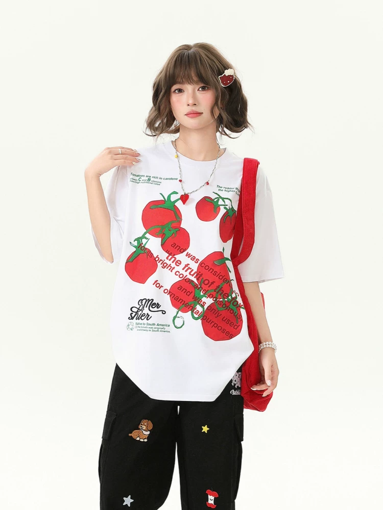 Áo thun ngắn tay in hình cà chua ngọt ngào Bulu Biscuit dành cho nữ, áo thun ngắn tay đa năng thông thường mùa hè dành cho nữ.