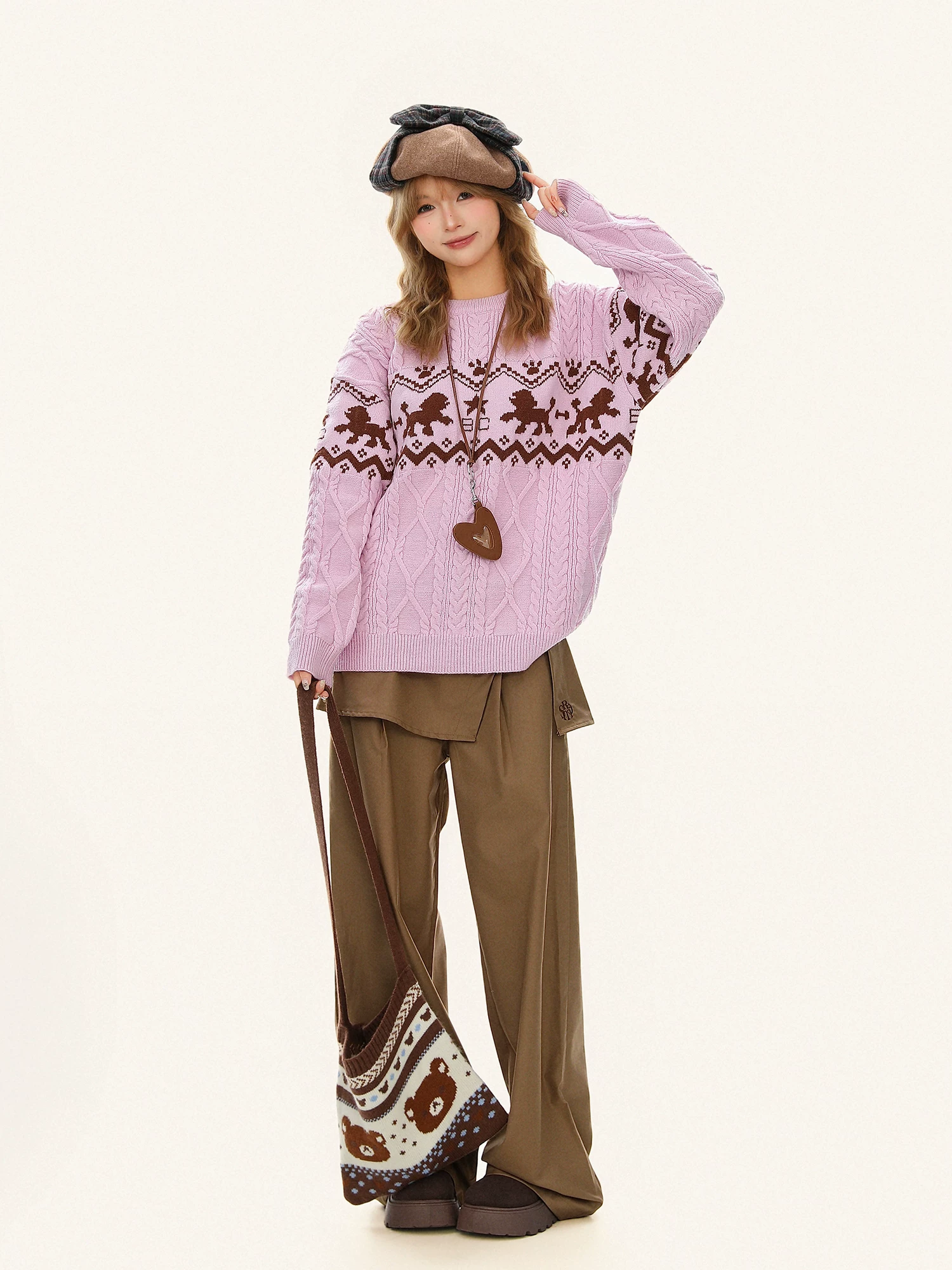 Áo len cổ tròn kiểu cổ điển họa tiết Fair Isle, dáng rộng, chất liệu dệt kim, dành cho nữ, mùa thu đông.
