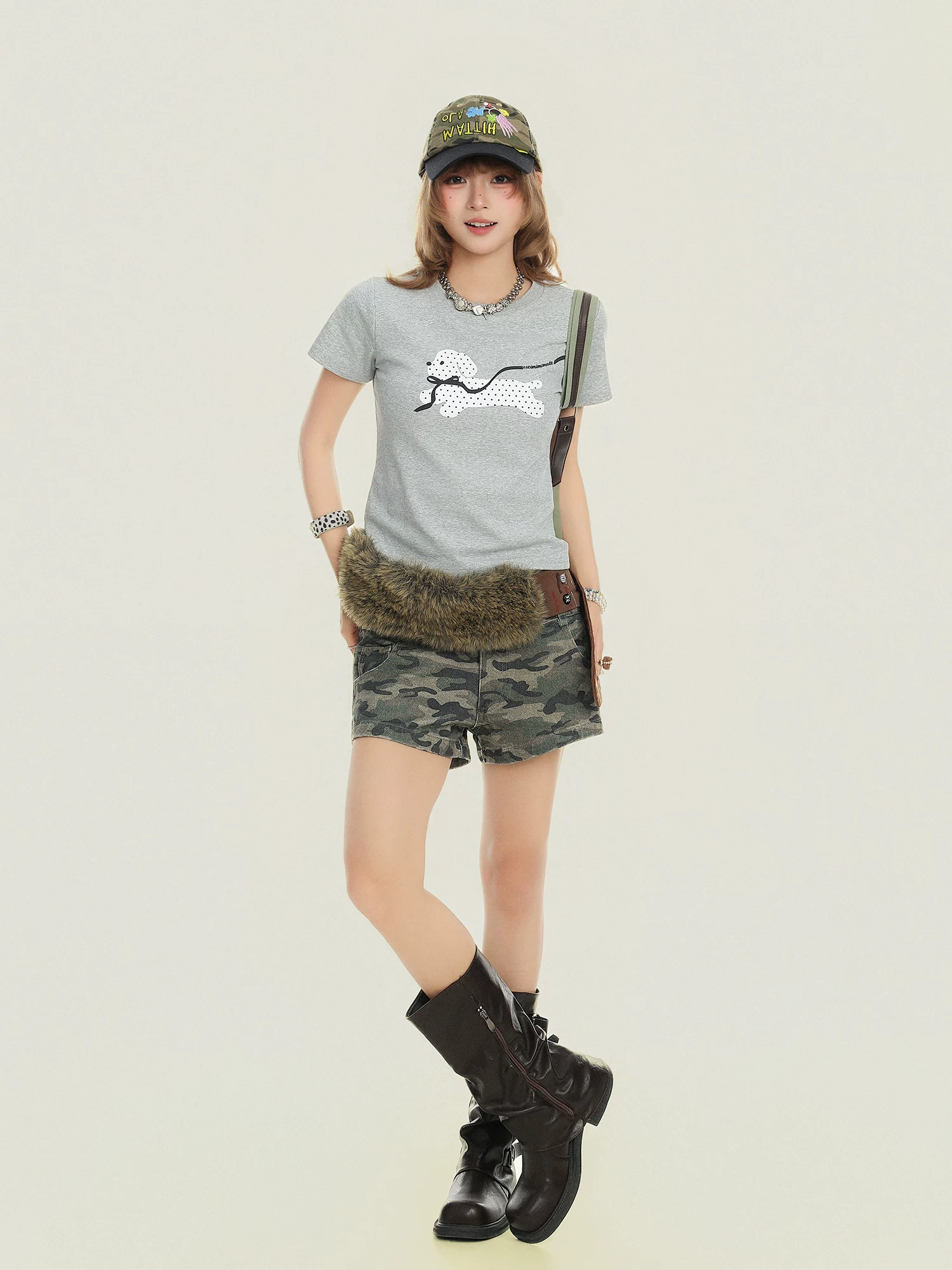 Áo thun ngắn tay in hình chú chó chấm bi kiểu Hàn Quốc Bulu Biscuit dành cho nữ, áo crop top dáng ôm mùa hè.