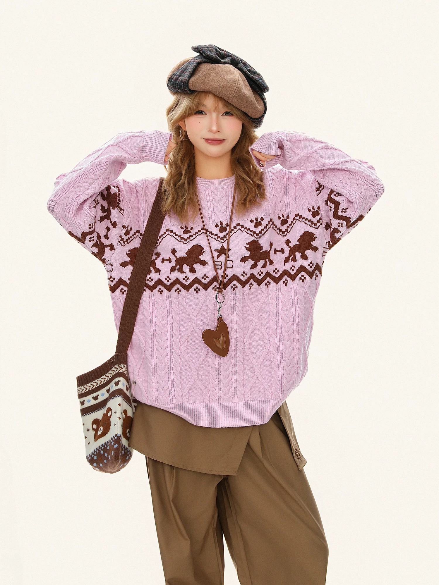Áo len cổ tròn kiểu cổ điển họa tiết Fair Isle, dáng rộng, chất liệu dệt kim, dành cho nữ, mùa thu đông.