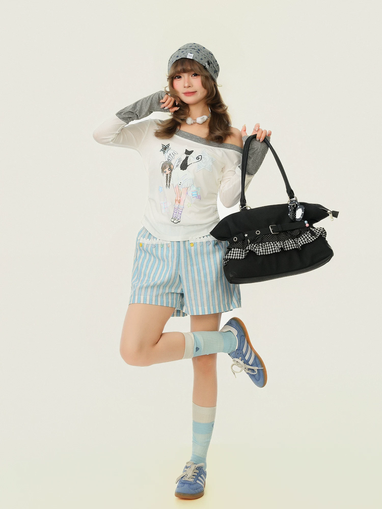 Bulu Biscuit Anime Girl Phong Cách Cổ Áo Bất Đối Xứng Áo Thun Dài Tay Cho Nữ Mùa Xuân Hai Mảnh Slim Fit Màu Khối Bên Trong Top