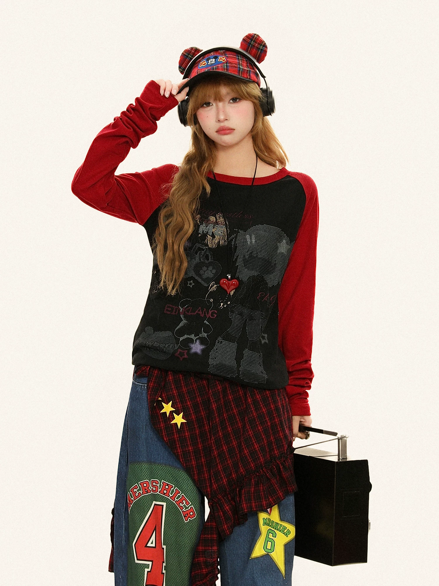 Áo thun dài tay Bulu Biscuit American Retro Cartoon Color-Block Raglan dành cho nữ, Slim Fit, Áo sơ mi cơ bản Y2K cho mùa thu.