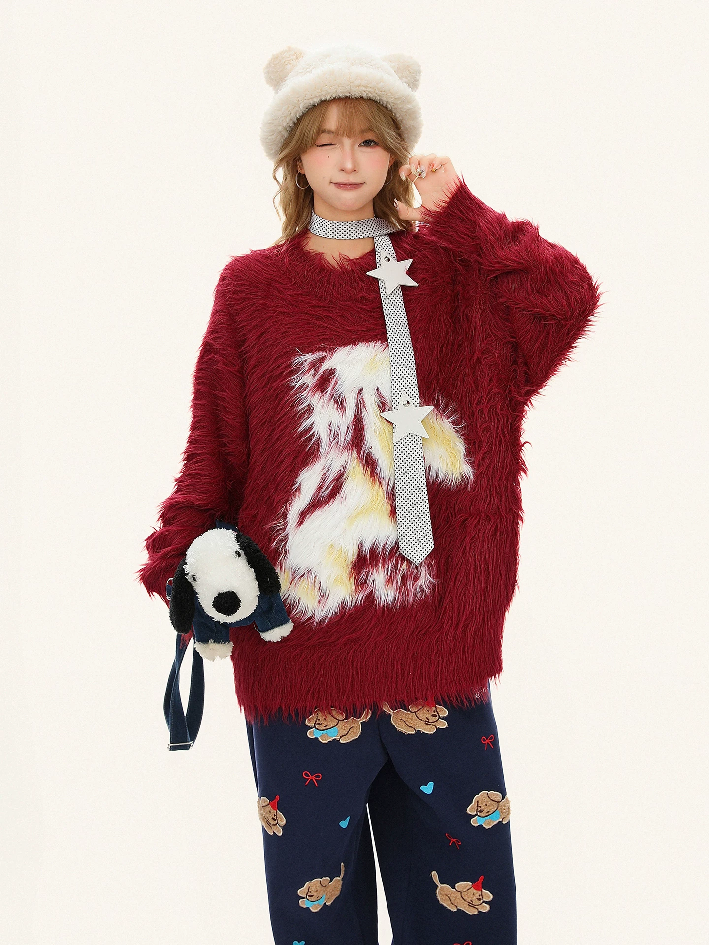 Áo len dệt kim jacquard hình thỏ dễ thương màu đỏ tía dành cho nữ, áo len dệt kim phong cách lười biếng bằng nhung chồn mùa đông.
