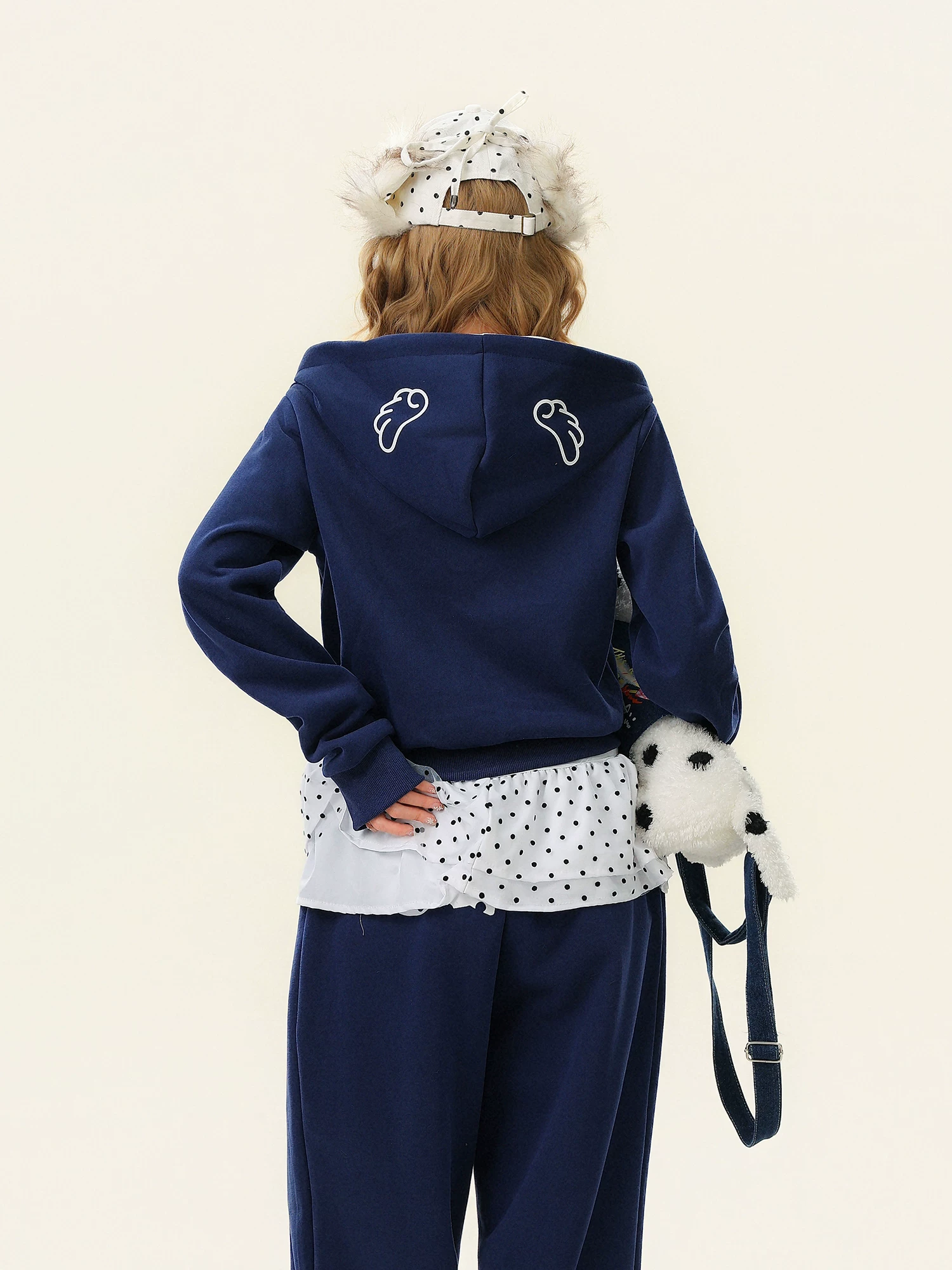 Áo nỉ ngắn có mũ trùm đầu chắp vá họa tiết chấm bi dành cho nữ, áo khoác cardigan thông thường, hợp thời trang.