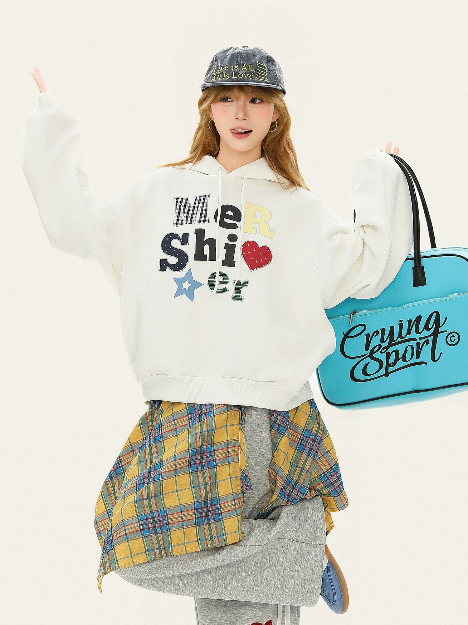 Áo hoodie in hình trái tim kiểu Mỹ cổ điển Bulu Biscuit dành cho nữ, áo hoodie dáng rộng thông thường mùa thu, đa năng.