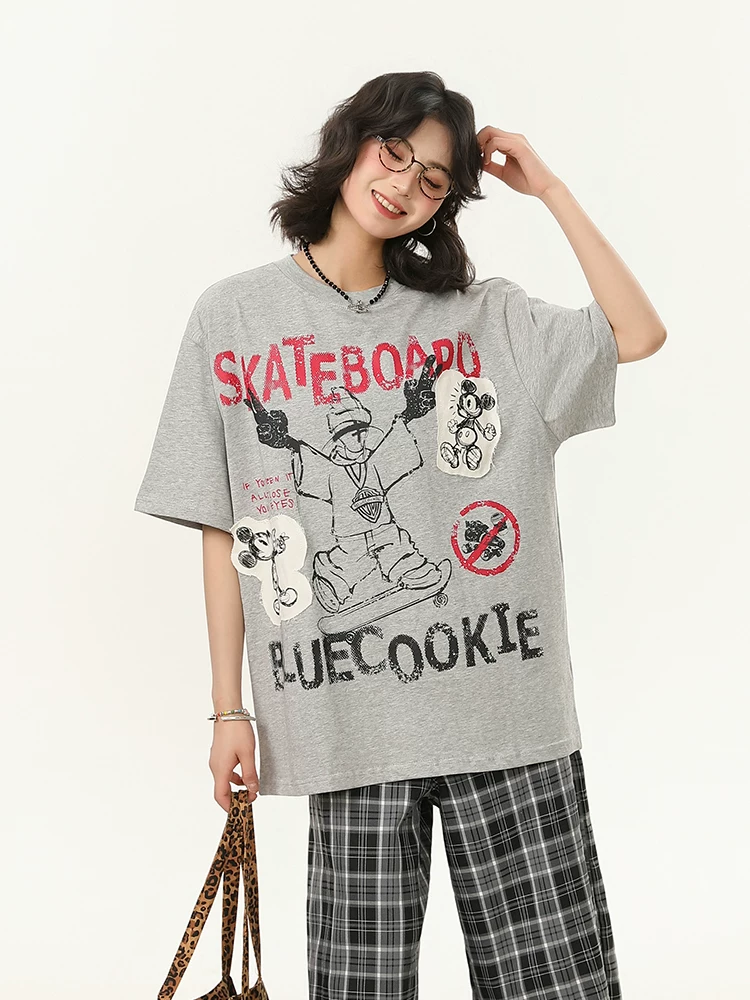 Áo thun ngắn tay kiểu graffiti đường phố kiểu Mỹ Bulu Biscuit dành cho nữ vào mùa hè, áo cổ tròn rộng rãi, thoải mái, giản dị và đa năng