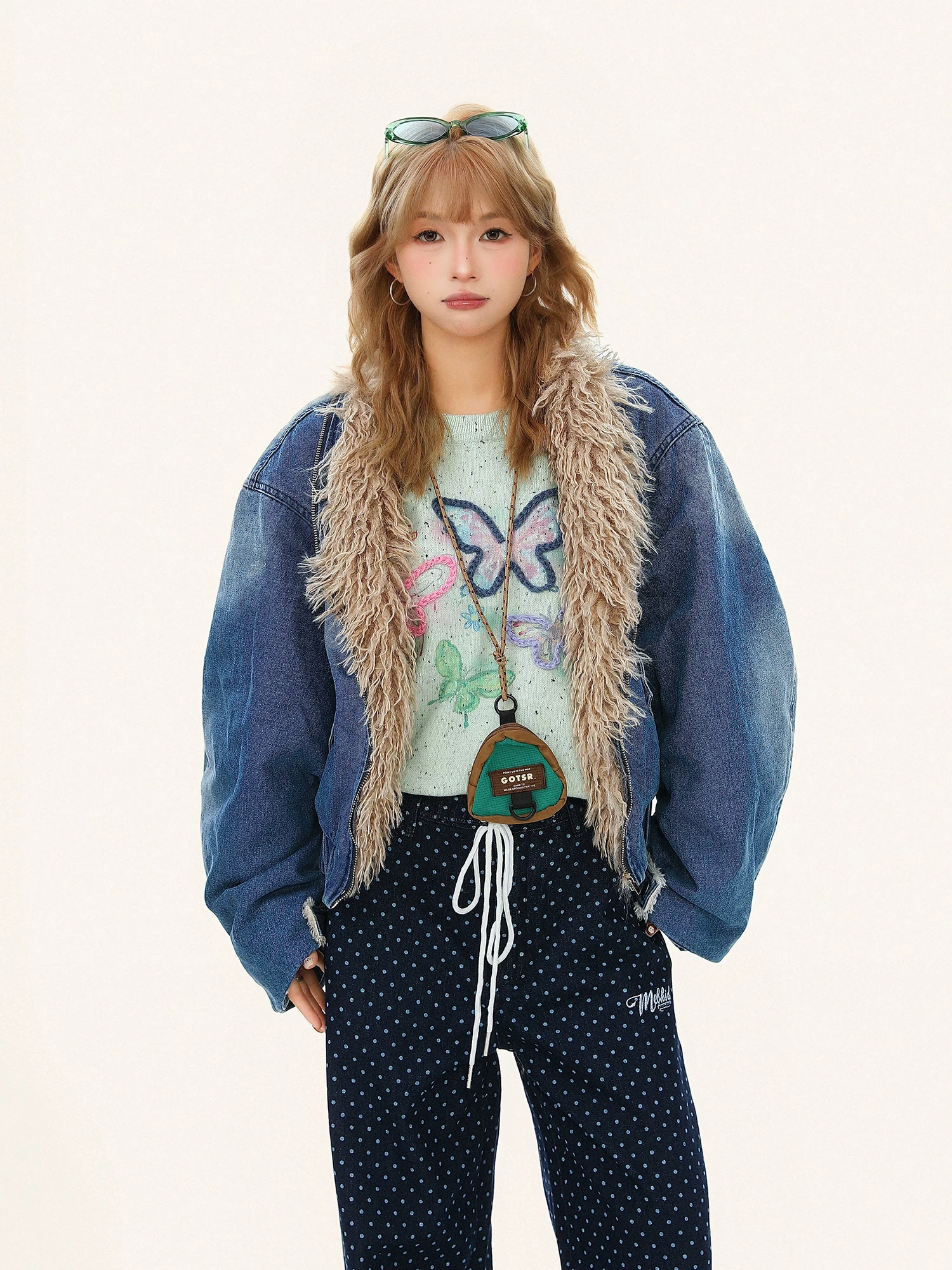 Áo khoác cotton denim chắp vá cổ lông thiết kế cổ điển kiểu Mỹ Bulu Biscuit dành cho nữ, áo khoác đệm ấm mùa đông.