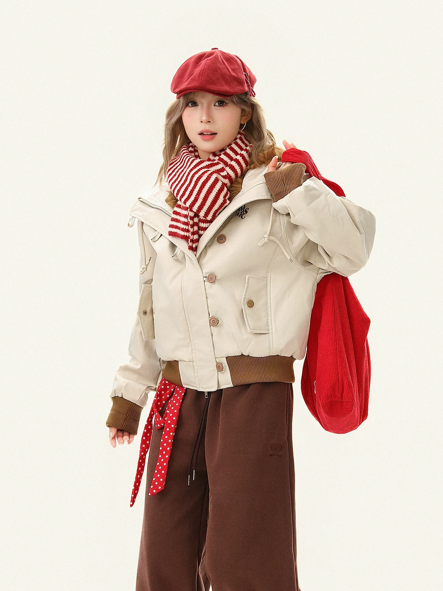 Áo khoác parka có mũ trùm đầu lót lông cừu ngắn kiểu Mỹ Bulu Biscuit dành cho nữ, áo khoác cotton rộng rãi đa năng mùa đông.