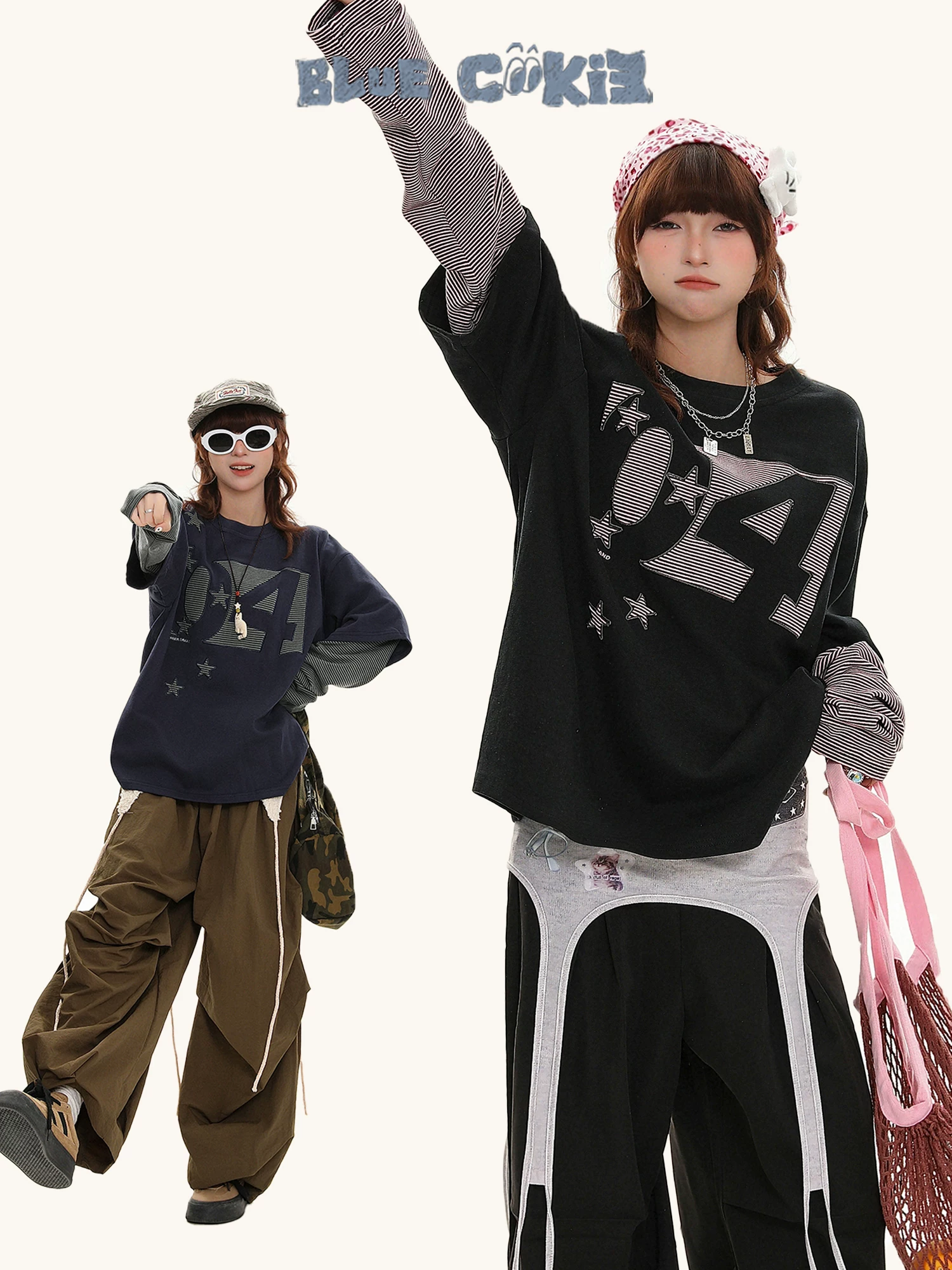 Bulu Biscuit Unisex Mỹ Retro Giả Hai Mảnh Áo Thun Dài Tay Mùa Thu Rời Thường Ngày Đa Năng Của Cặp Đôi Hàng Đầu