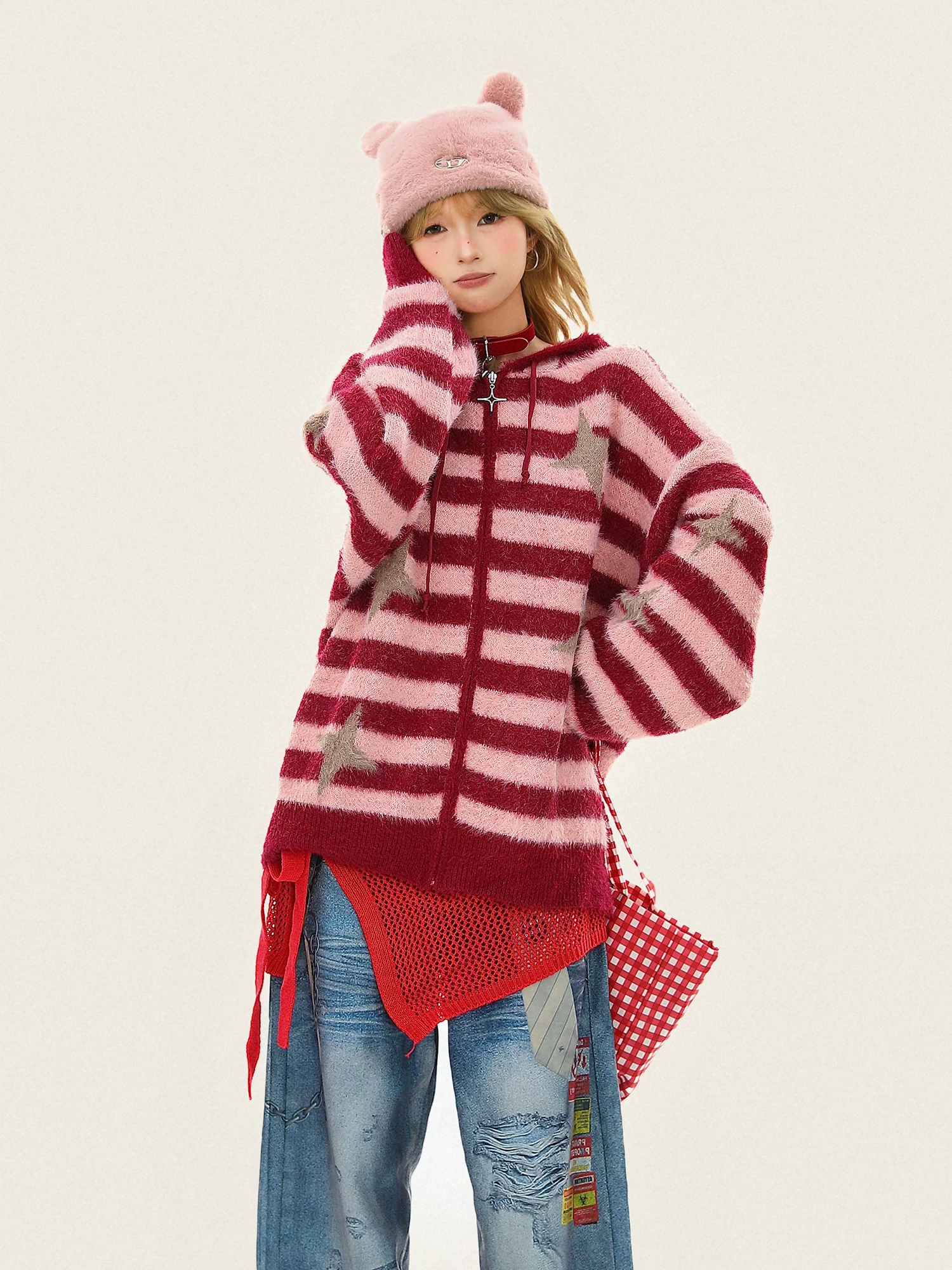 Áo khoác len có mũ trùm đầu sọc jacquard lấy cảm hứng từ thiết kế Biscuit dành cho nữ, áo cardigan dệt kim mùa thu đông.