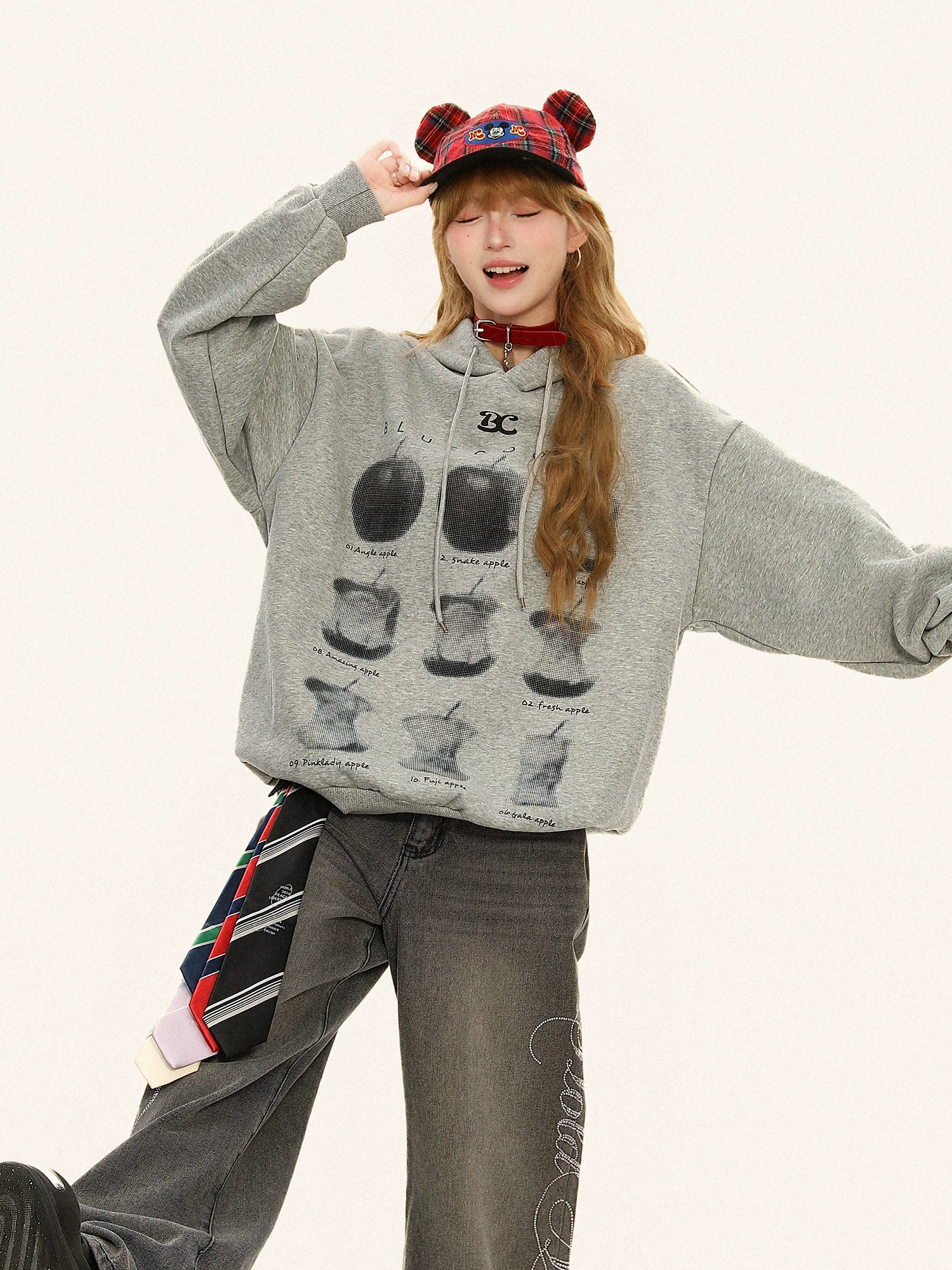 Áo hoodie có mũ trùm đầu màu xám in hình quả táo kiểu Mỹ Bulu Biscuit dành cho nữ, áo hoodie cặp đôi phong cách lười biếng mùa thu.
