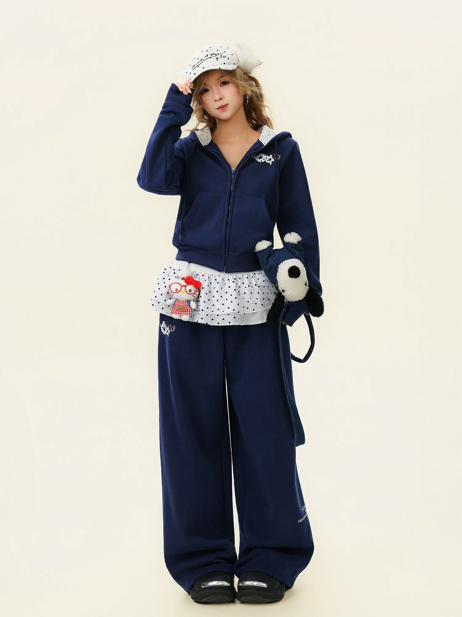 Áo nỉ ngắn có mũ trùm đầu chắp vá họa tiết chấm bi dành cho nữ, áo khoác cardigan thông thường, hợp thời trang.