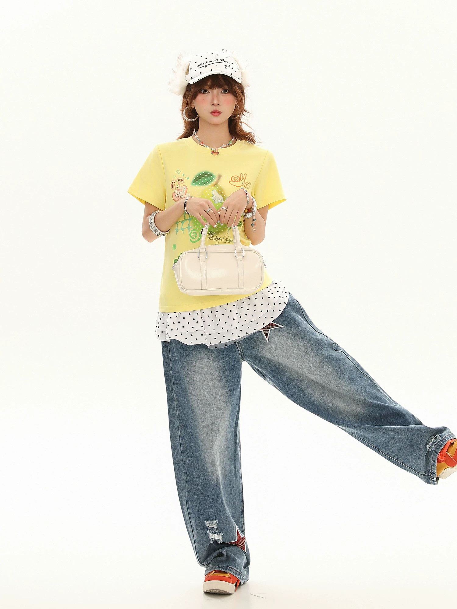 Áo thun ngắn tay in họa tiết Bulu Biscuit Pear Polka Dot dành cho nữ, áo thun ngắn tay giảm béo mùa hè đa năng trẻ trung thường ngày.
