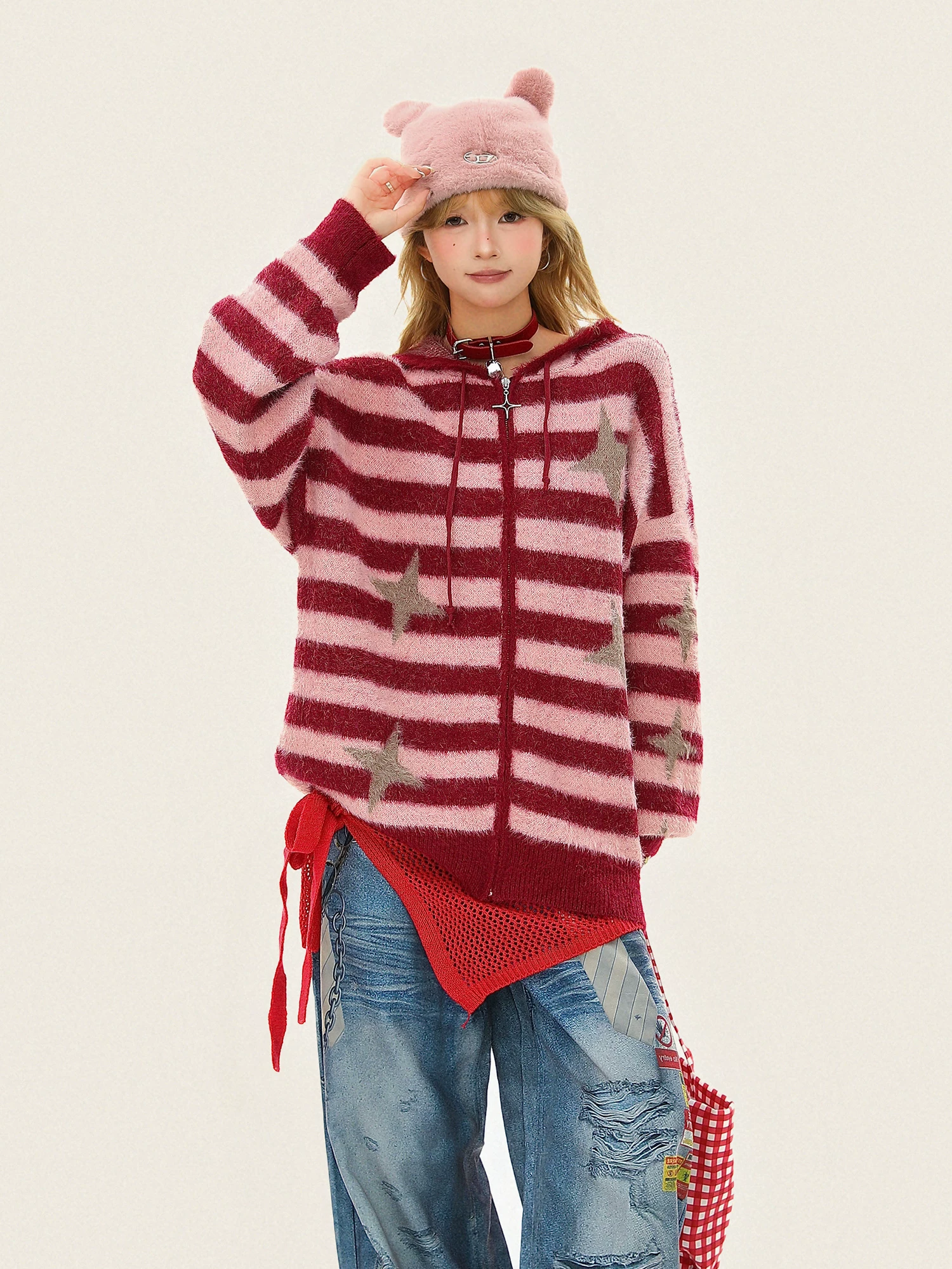 Áo khoác len có mũ trùm đầu sọc jacquard lấy cảm hứng từ thiết kế Biscuit dành cho nữ, áo cardigan dệt kim mùa thu đông.