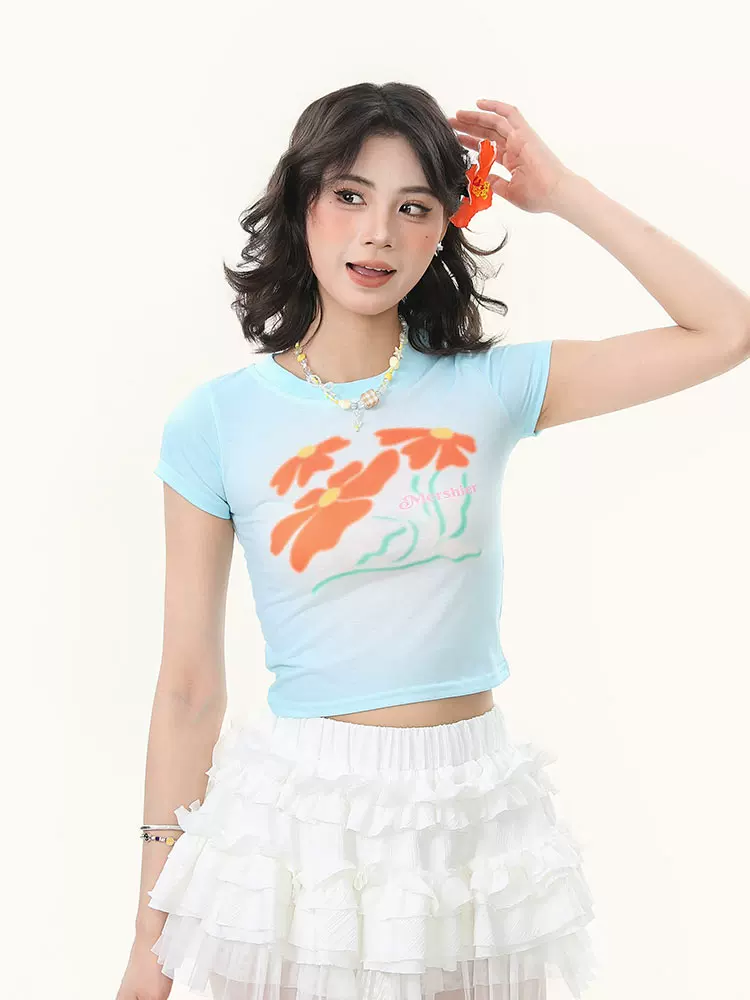 Bulu Biscuit Sweet Dopamine In hoa Áo thun ngắn tay vai thường dành cho nữ Mùa hè Slim Fit Crop Top