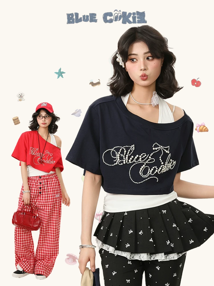 Áo thun ngắn tay trễ vai Bulu Biscuit Sweet Pearl dành cho nữ, áo ngắn dáng rộng mùa hè và bộ hai mảnh áo vest.