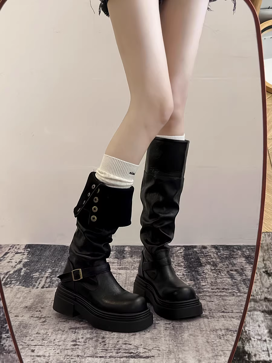 Giày bốt cao cổ đế dày kiểu Mỹ cổ điển dành cho nữ, mẫu mới thu đông 2025, kiểu dáng thon gọn, trên gối, kiểu cưỡi ngựa