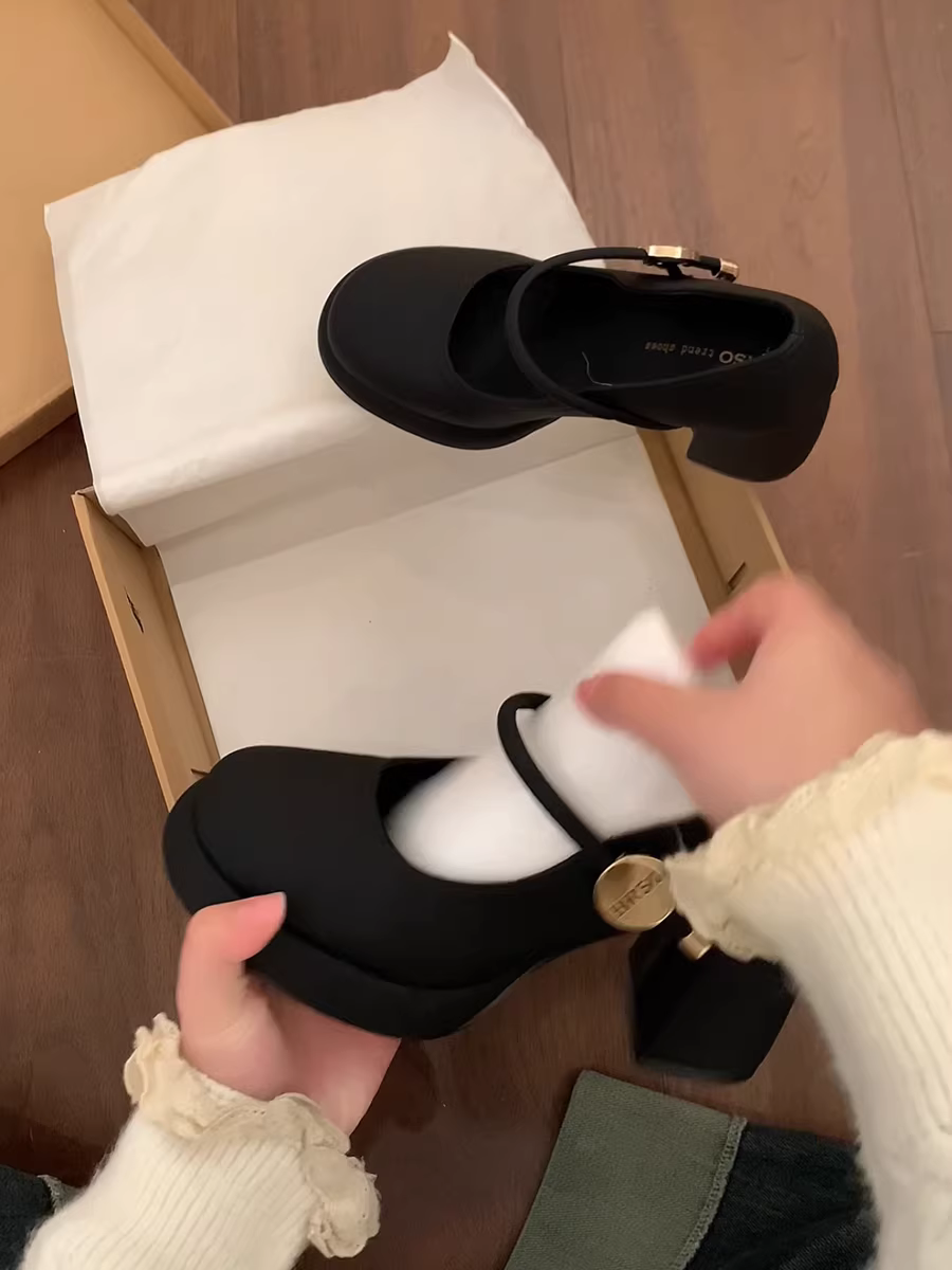 Giày cao gót chunky kiểu Pháp màu đen dành cho phụ nữ nhỏ nhắn, kiểu thu mới 2025, phối cùng chân váy, giày Mary Jane da nông.