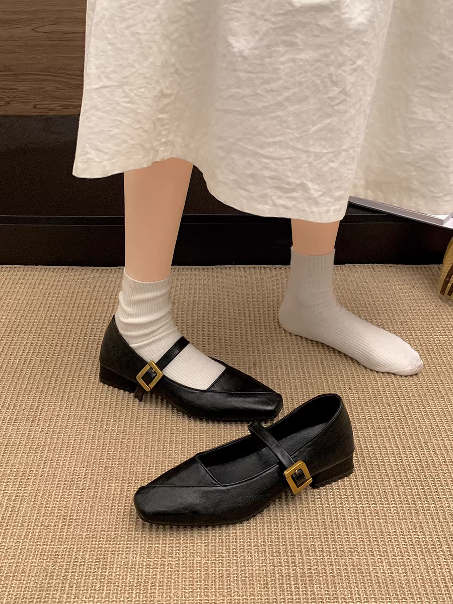 Giày da cao gót chunky kiểu Pháp cổ điển dành cho nữ, giày mũi vuông mùa thu mới 2025 phối chân váy, giày Mary Jane.