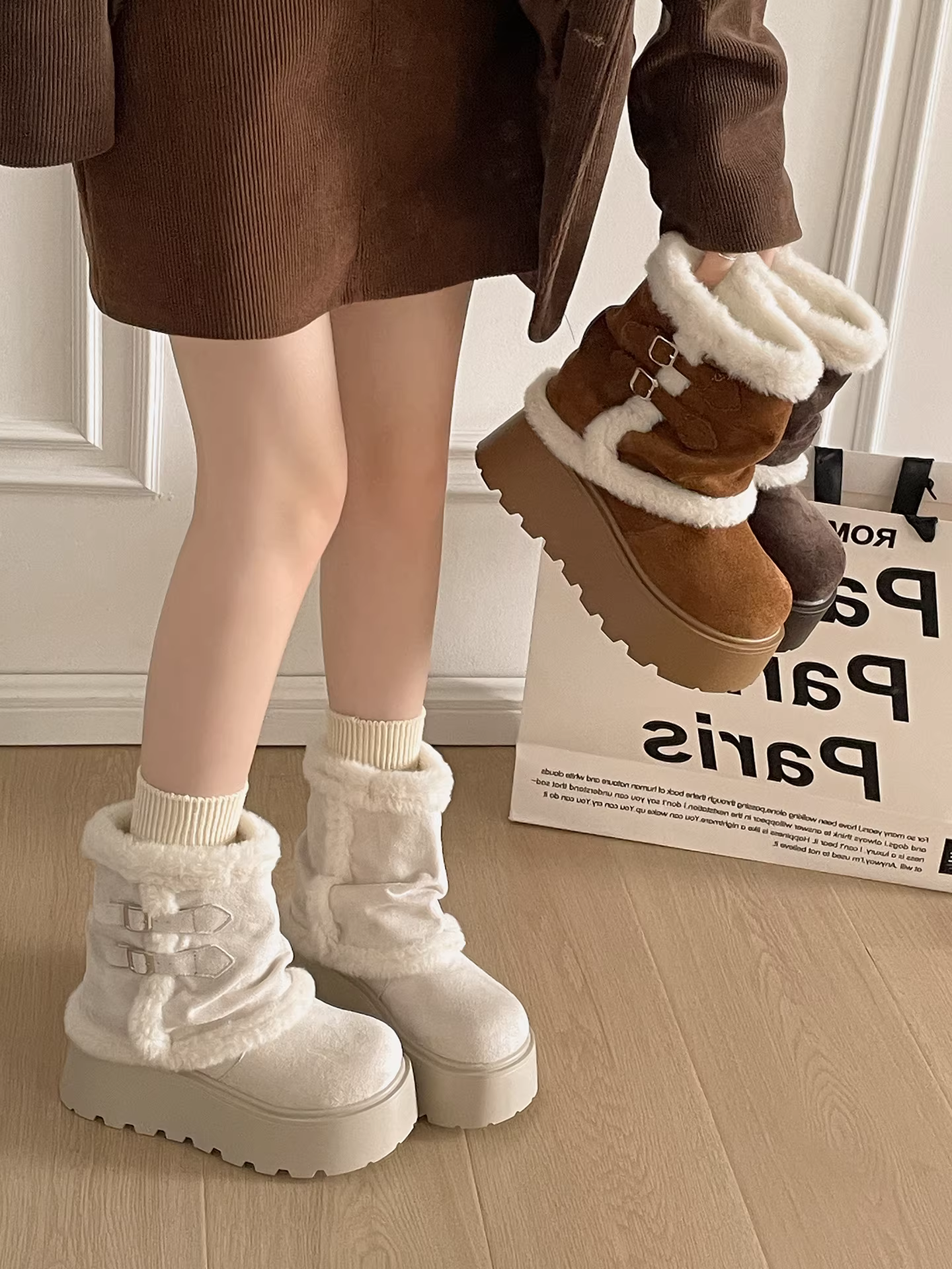Giày bốt tuyết đế dày màu trắng cổ điển Nanzai Nanshan dành cho nữ, mẫu mới mùa đông 2025, giữ ấm, lót lông mềm mại, kiểu bông Đông Bắc