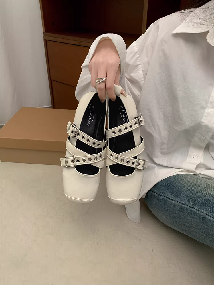 Giày bệt da nữ Nanzai Nanfang kiểu dáng mới mùa thu 2025, phối chân váy, mũi vuông, kiểu ballet, đế thấp.