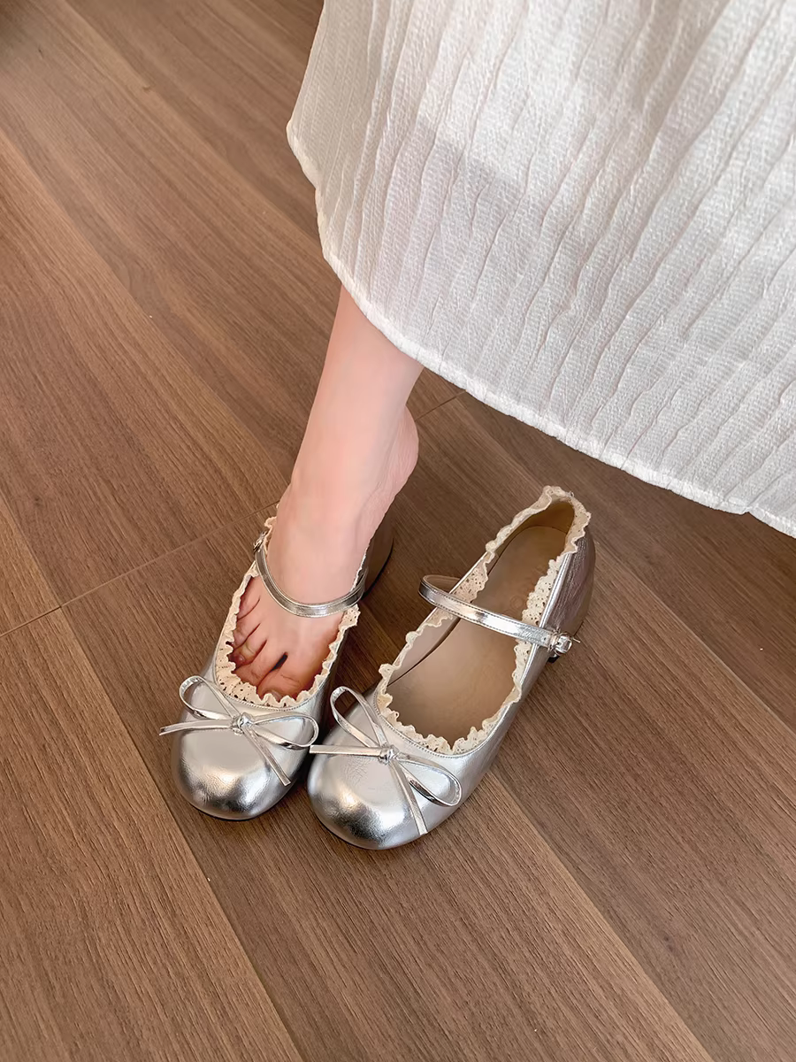 Giày cao gót kiểu ballet Pháp màu bạc dành cho nữ, giày Mary Jane tăng chiều cao mùa thu mới năm 2025.