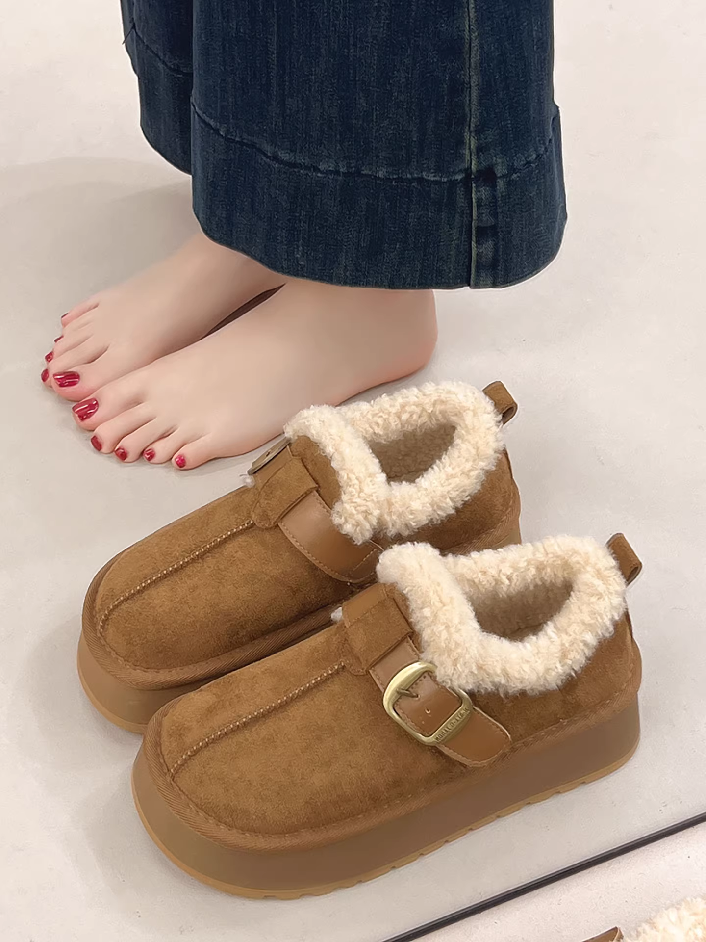 Giày bốt đi tuyết đế dày lót lông cừu kiểu cổ điển Nanzai dành cho nữ 2025 Giày cotton kiểu Birkenstock ấm áp mùa đông mới.