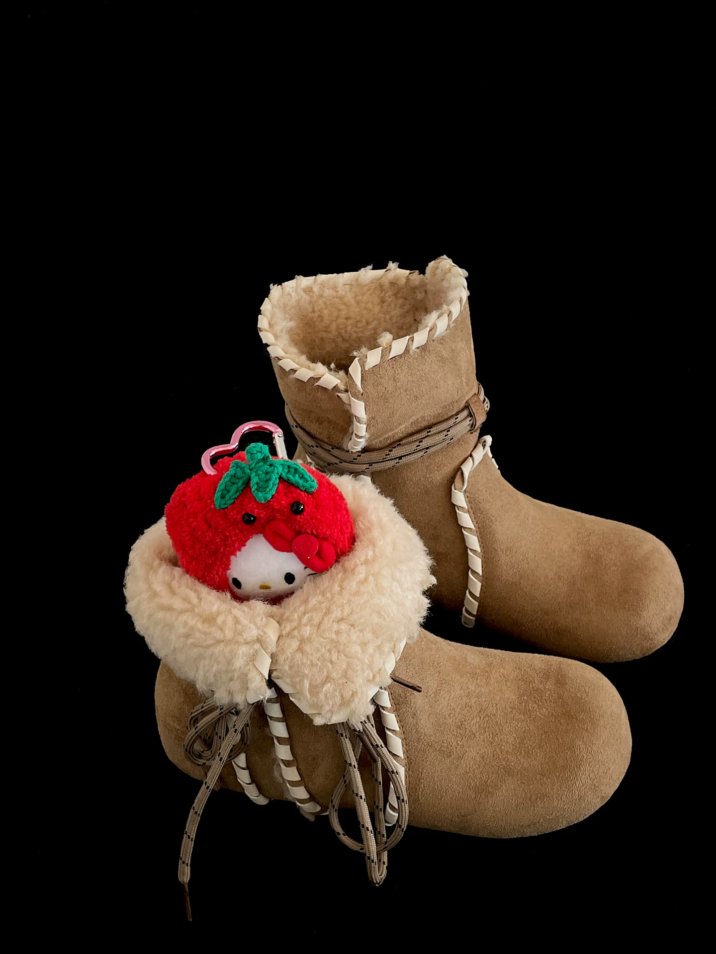 Giày bốt nữ mùa đông 2025 kiểu Birkenstock, lót lông cừu, đế dày chống trơn, giữ ấm, chất liệu cotton dày dặn, màu kaki, dành cho hoạt động ngoài trời