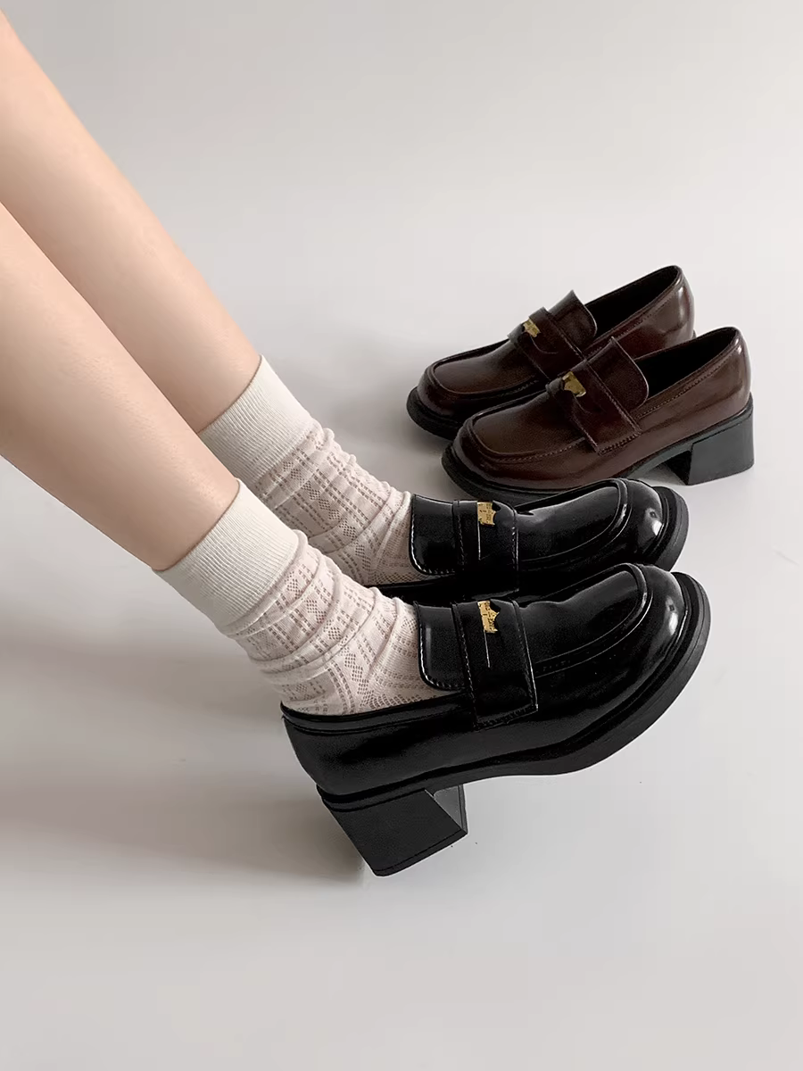 Giày Mary Jane da kiểu Pháp đen đế xuồng dành cho nữ, mẫu mới thu 2025 mũi tròn cổ điển gót cao chunky