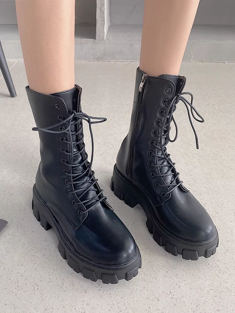 Giày bốt Martin kiểu Anh màu trắng, giày bốt đi xe máy 2025, giày bốt đơn giản đa năng, đế dày, tăng chiều cao, kiểu giữa bắp chân, giày bốt cao gót ngắn